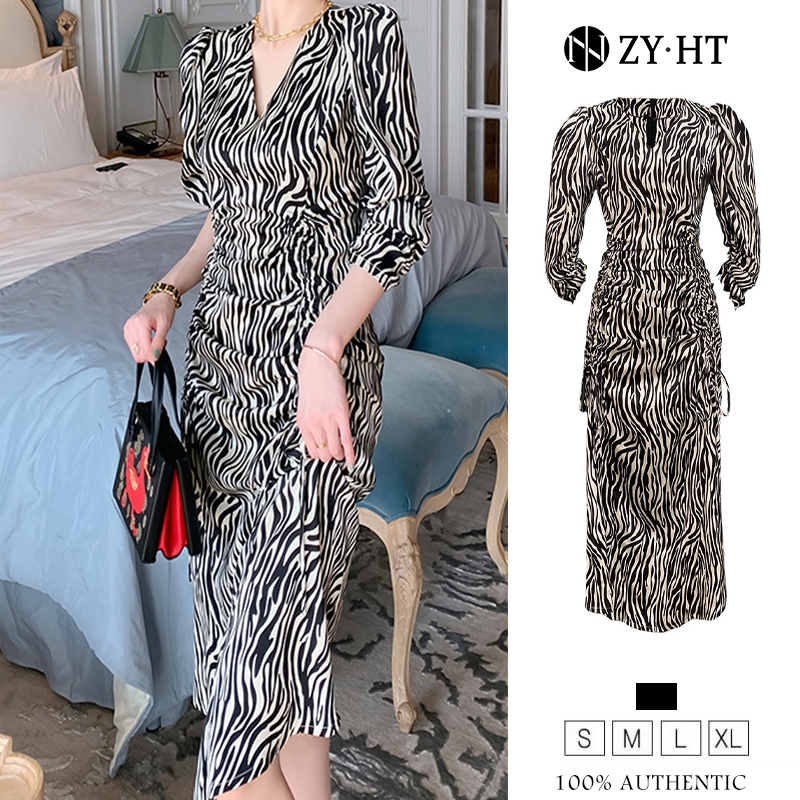 ZY.HTเดรสผู้หญิง เดรสลายม้าลาย เดรสมิดิ เดรสผ้าซาติน เดรสทำงาน เดรสออกงาน เดรสเซ็กซี่ เดรสเกาหลี 477