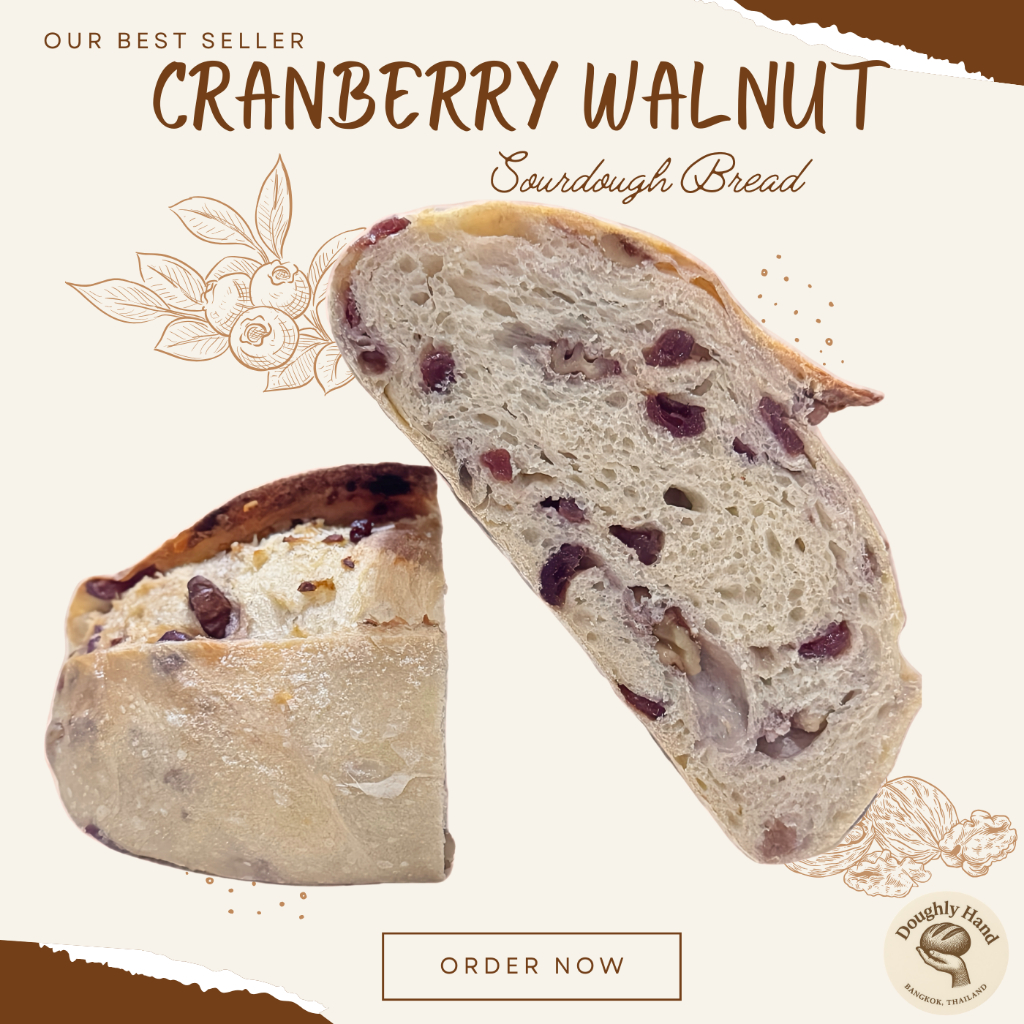 🍞 แครนเบอร์รี่ วอลนัท ซาวโดว์ (Cranberry Walnut Sourdough) – โดย Doughly Hand