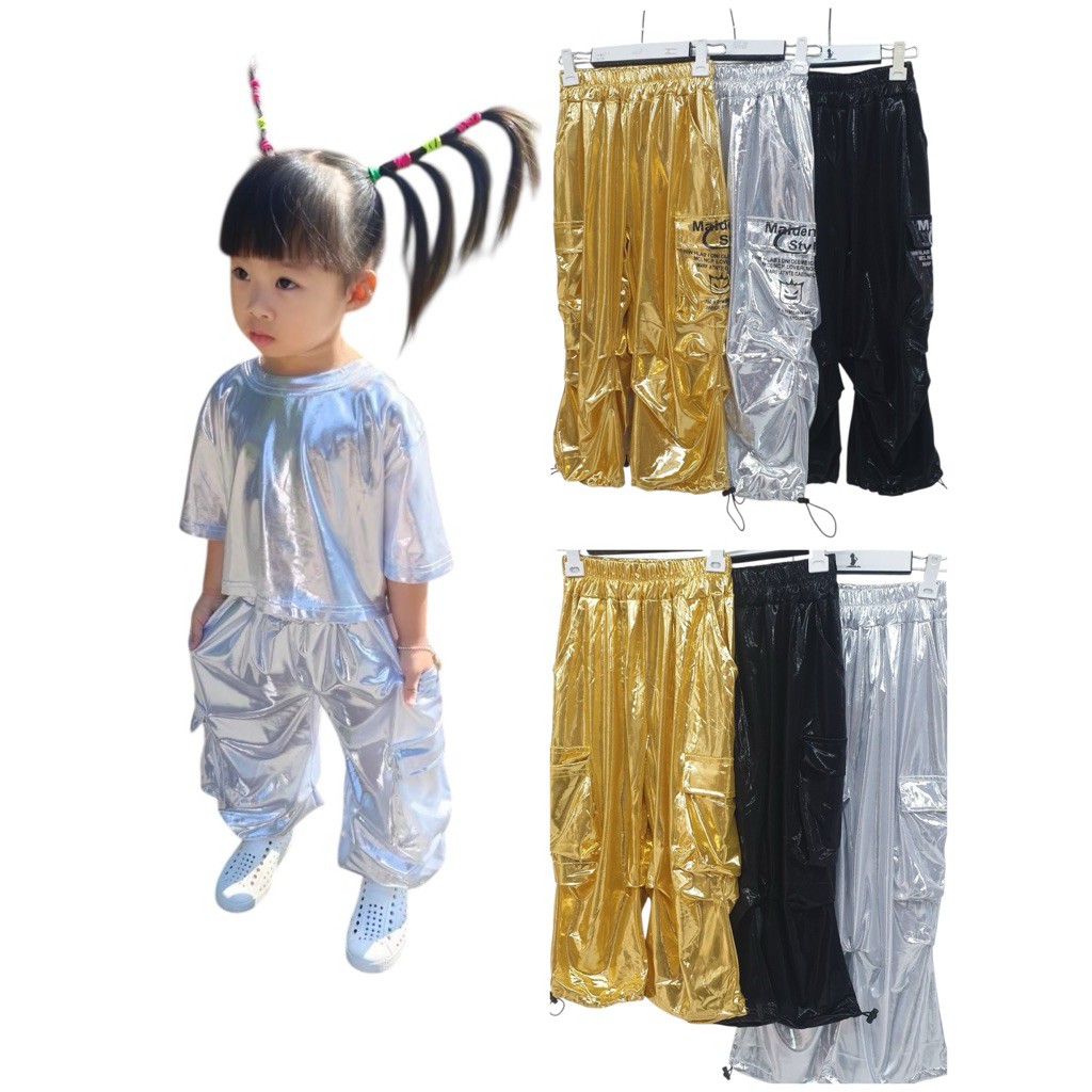 กางเกงคาร์โก้สีเมทัลลิกเงินทองดำพร้อมส่ง(งานตัดเองผ้า