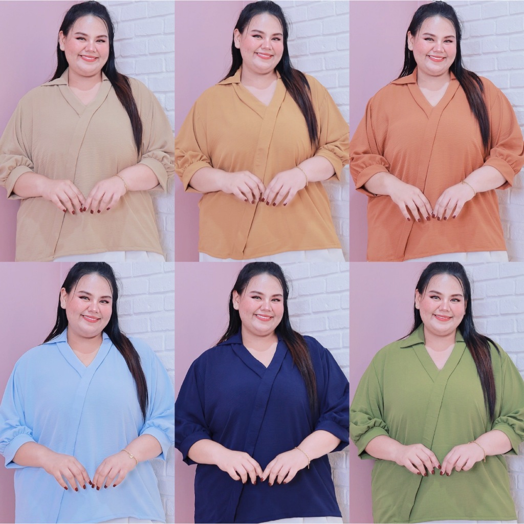 [ ส่งฟรี 🔥 ] A287 เสื้อเชิ้ต เสื้อทำงานสาวอวบ เสื้อเชิ้ตคนอ้วน ไซส์ใหญ่ ผ้าสลาฟย่นเกาหลี ( หน้าผ้า 64" ) พลัสไซส์