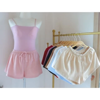 Linen Lowy กางเกงขาสั้นเอวต่ำผ้าคัตตอลนินิน เนื้อนุ่ม ใส่ไปทะเลน่ารัก มินิมอล ฟรีไซส์เอว24-นิ้ว