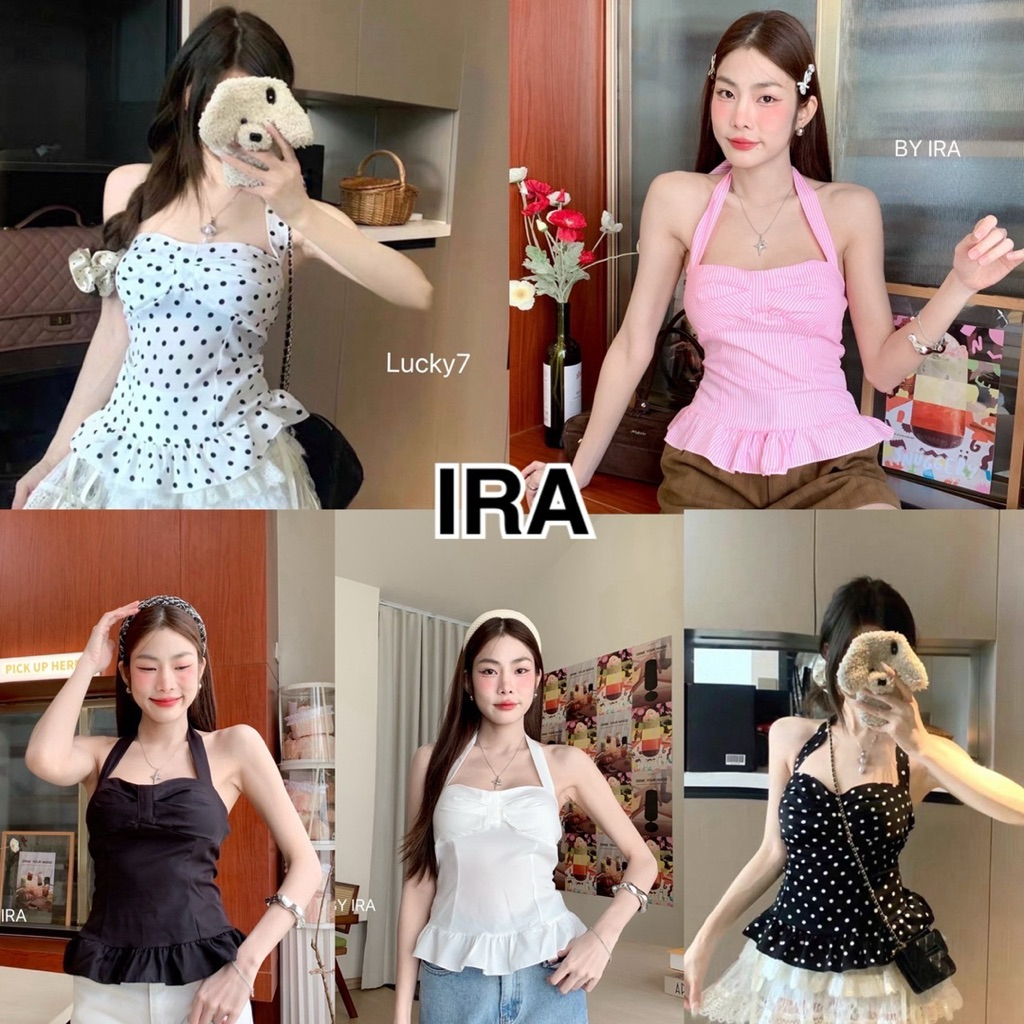 BY IRA (1151) Baire Top เสื้อคล้องคอลายจุด แต่งชายระบาย ผ้านิ่มไม่แข็ง ด้านหลังเป็นสม็อค สายผูกคล้องคอผูกโบว์