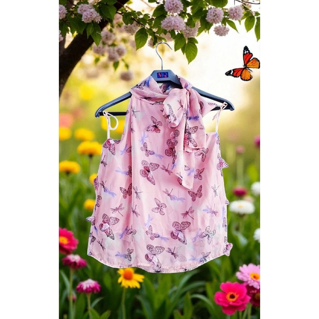 FFASHIONเสื้อแขนกุดผูกโบว์ ลายผีเสื้อ3D