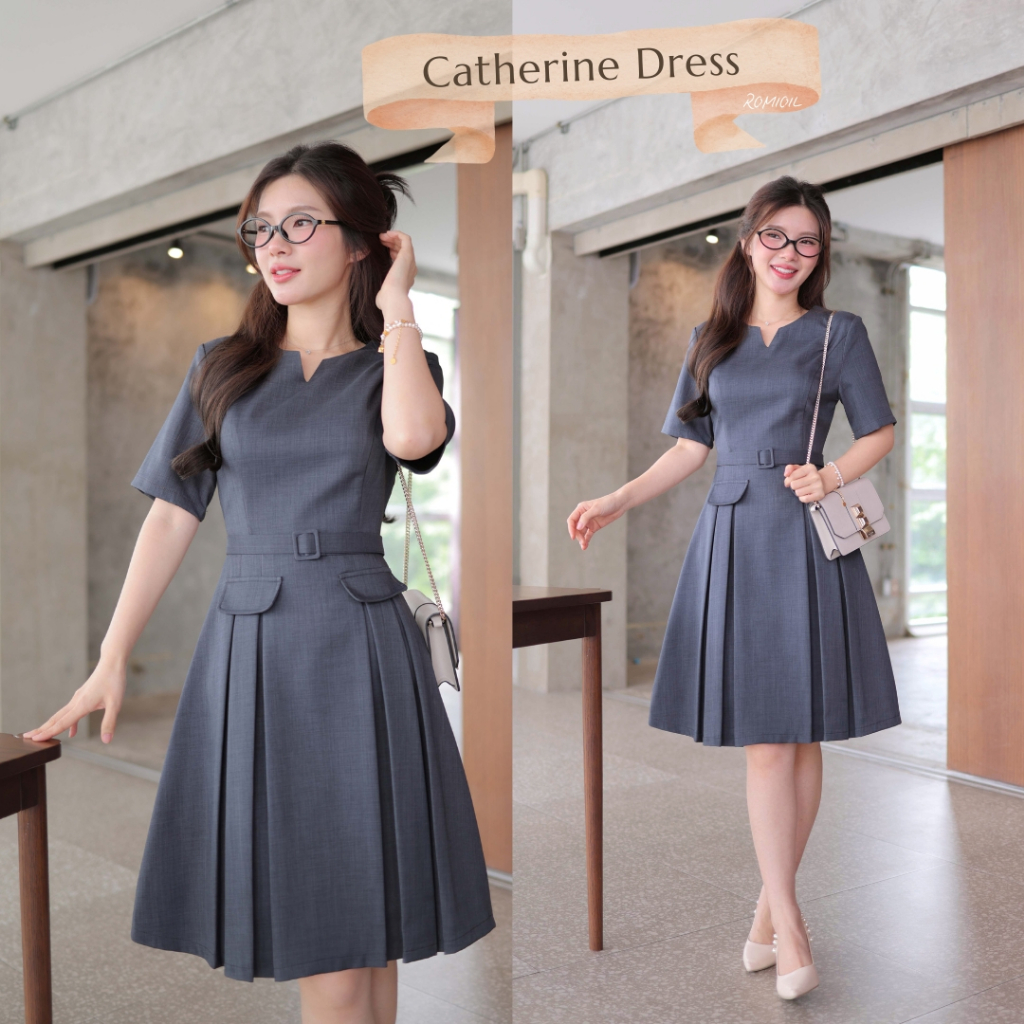 "Romi"Oil" Catherine Dress (Gray) K288 ชุดเดรสสีเทาเข้ม (กระโปรงพลีทมีเข็มขัด)