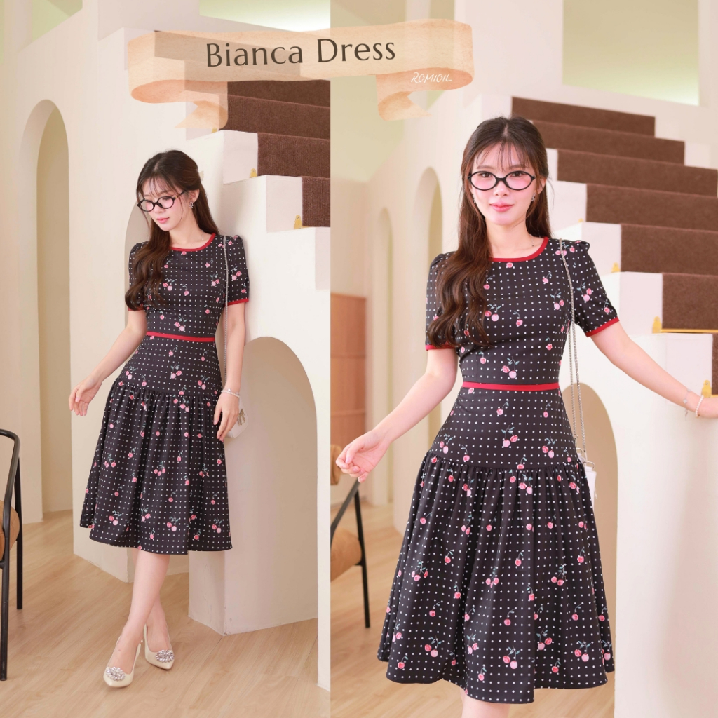 "Romi"Oil" Sweet Cherry Dress K294 ชุดเดรสสีดำ (แต่งกุ๊นกระโปรงยาว)