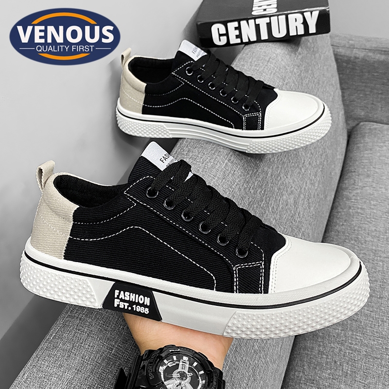 【Venous】 2025 รองเท้าผ้าใบสีดำสำหรับผู้ชาย รองเท้าผ้าใบสำหรับผู้ชายแบบเกาหลีแท้ รองเท้าผ้าใบผู้ชายแบบตัดต่ำ
