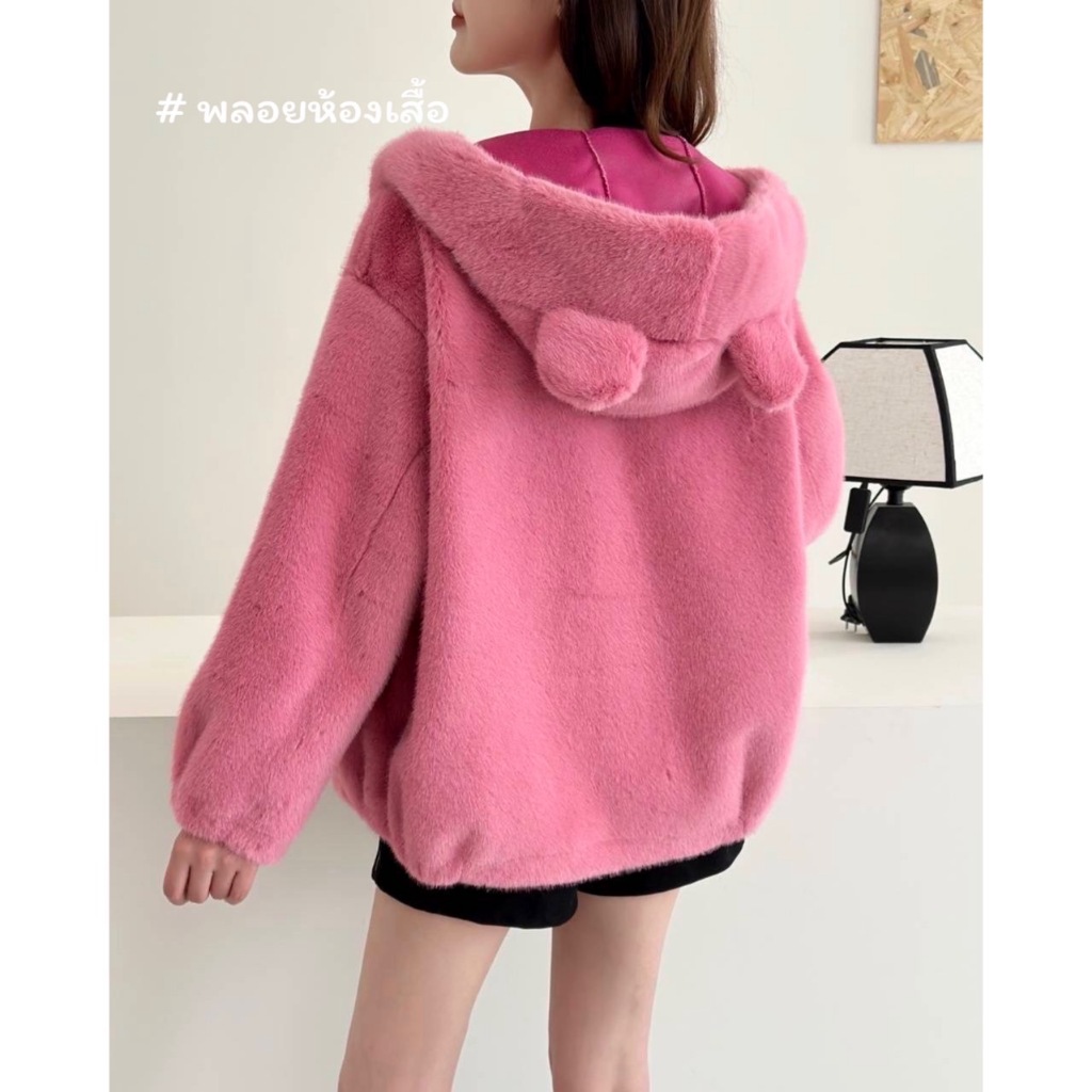 L89 เสื้อคลุมผ้าขนสัตว์เทียมซับในหนัง แบบมีฮู้ดแต่งหู รุ่นหนา นุ่มสบายผิว ซิปรูดแข็งแรง