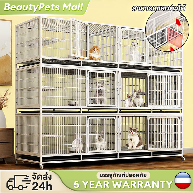 กรงแมว/สุนัข กรงสัตว์เลี้ยง ป้องกันไม่ให้สัตว์เลี้ยงวิ่งหนี คอกกั้นสัตว์เลี้ยง มีล้อมีถาด บ้านกระต่าย PetCage