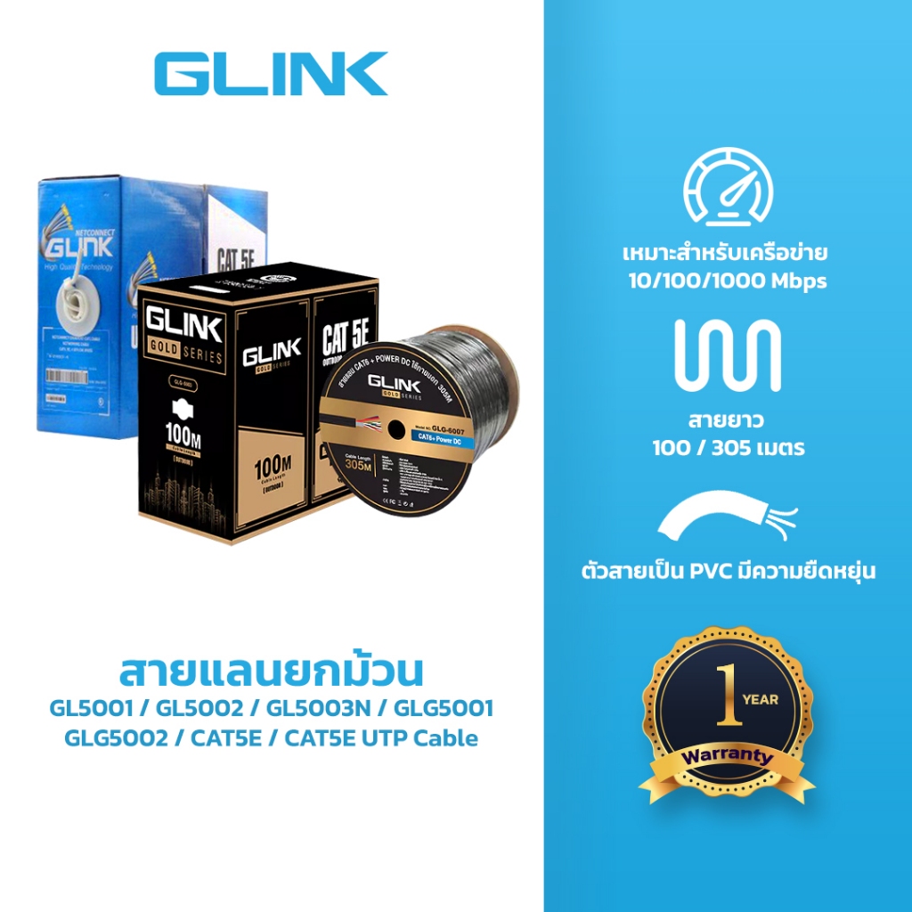 GLINK สายแลน  GL5001,GL5002,GL5003N,GLG5001,GLG5002 CAT5E ยกม้วน CAT5E UTP Cable ทั้งงานภายนอกและใน
