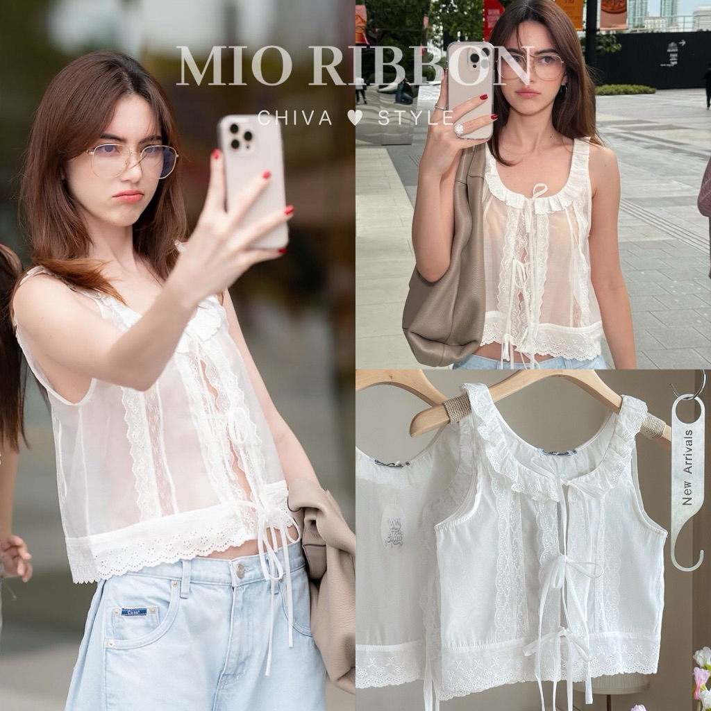 -𝐂𝐡𝐢𝐯𝐚- เสื้อแขนกุดผ้าซีทรู แต่งโบวหน้า