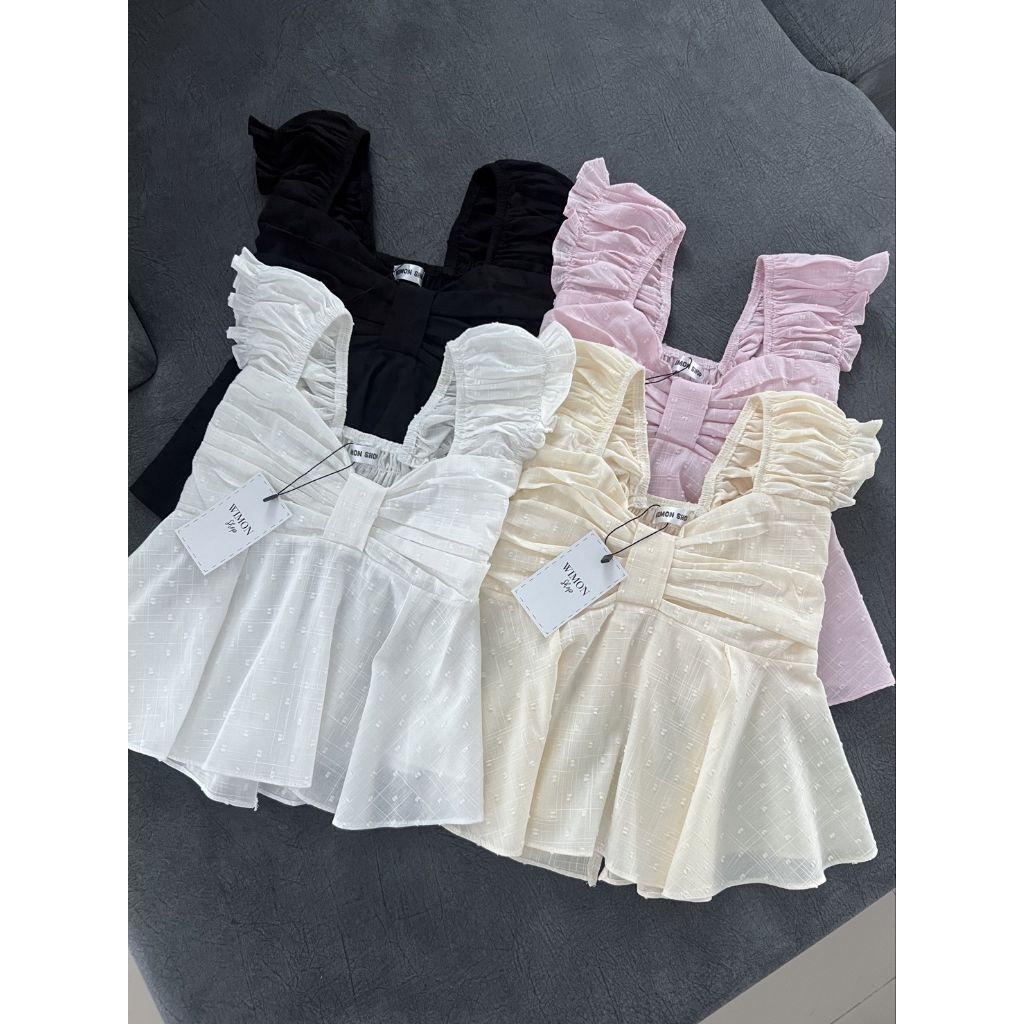 Bowwie : (Size S/M)เสื้อแขนดอลลี่ช่วงอกเย็บจับจีบแต่งโบว์ สม็อคหลังครึ่งตัว