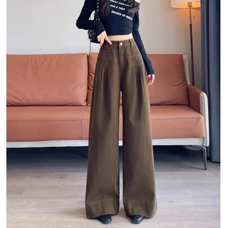 S~5XL กางเกงยีนส์ขายาวสีน้ำตาลขนาดใหญ่ กางเกงยีนส์ขายาวตรงเอวสูงแบบวินเทจ กางเกงยีนส์ขายาวสีน้ำตาลหลวมสไตล์คาสวลHOT