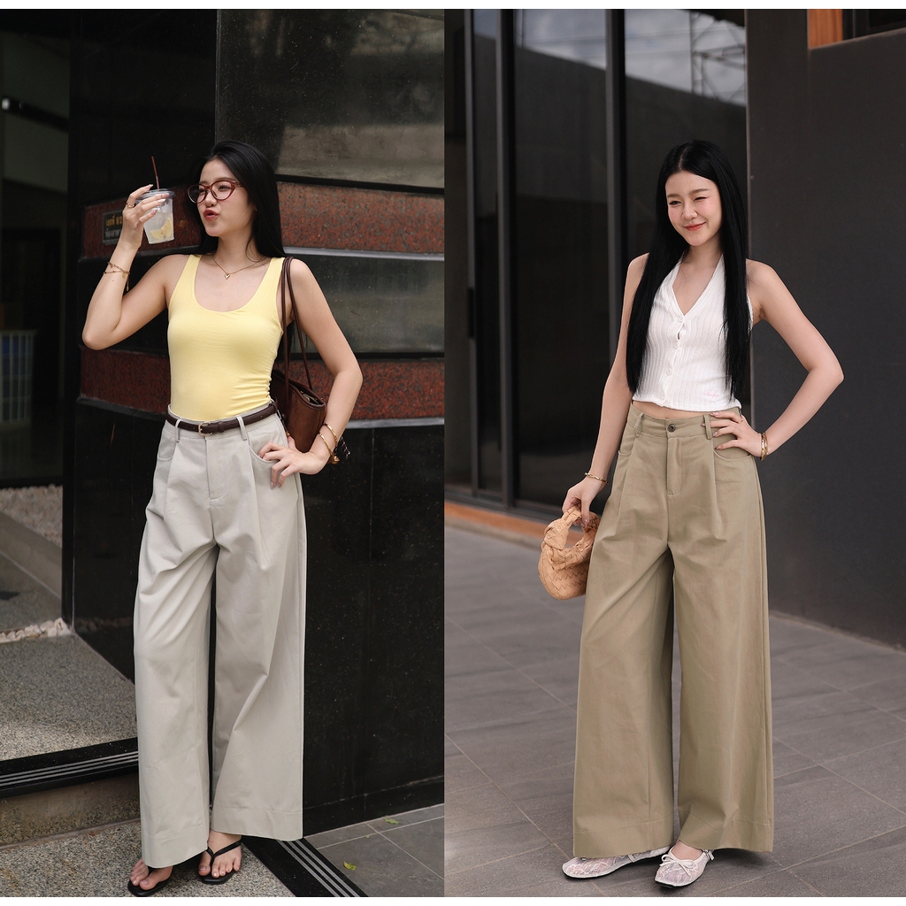 WIDE LEG PLEATED PANTS มี 2 สี : สีน้ำตาล, สีเบจเทา - NUMBERSEVEN