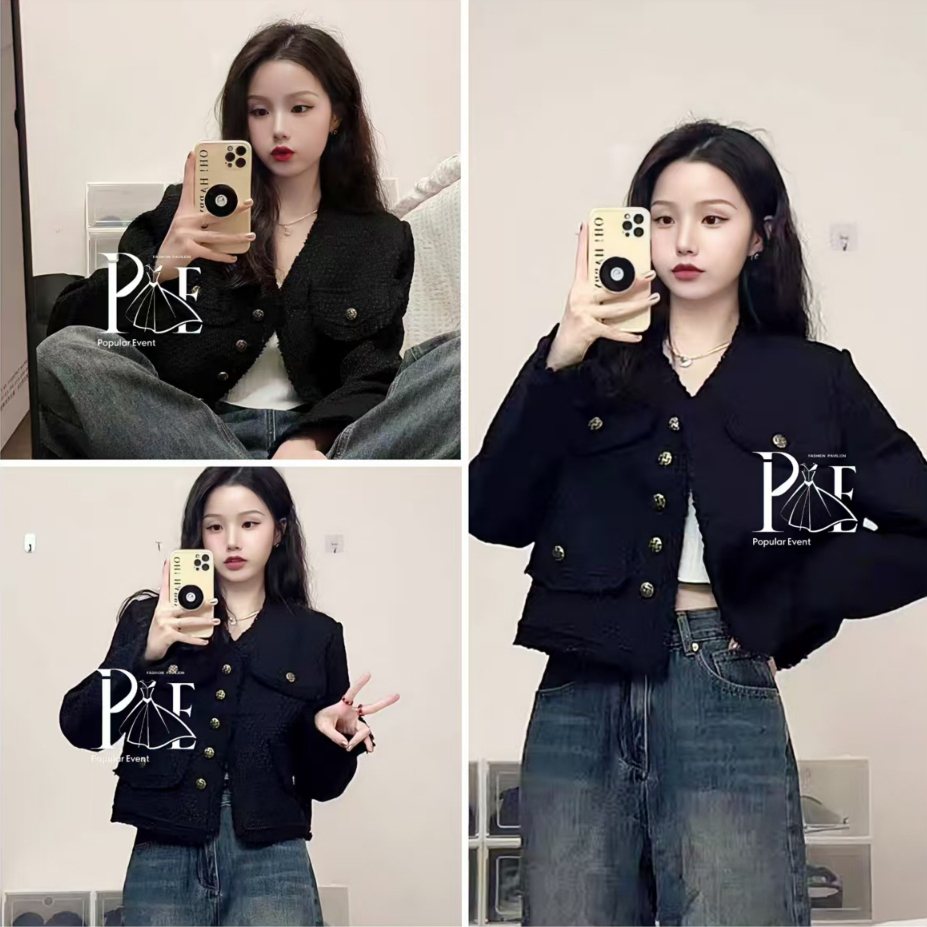 พร้อมส่ง เสื้อคลุม แขนยาว สไตล์คุณหนู เนื้อผ้าทวิต ดีเทลแต่งกระเป๋า งานสวยหรูหรา กระดุมผ่ากลาง สไตล์มินิมอล