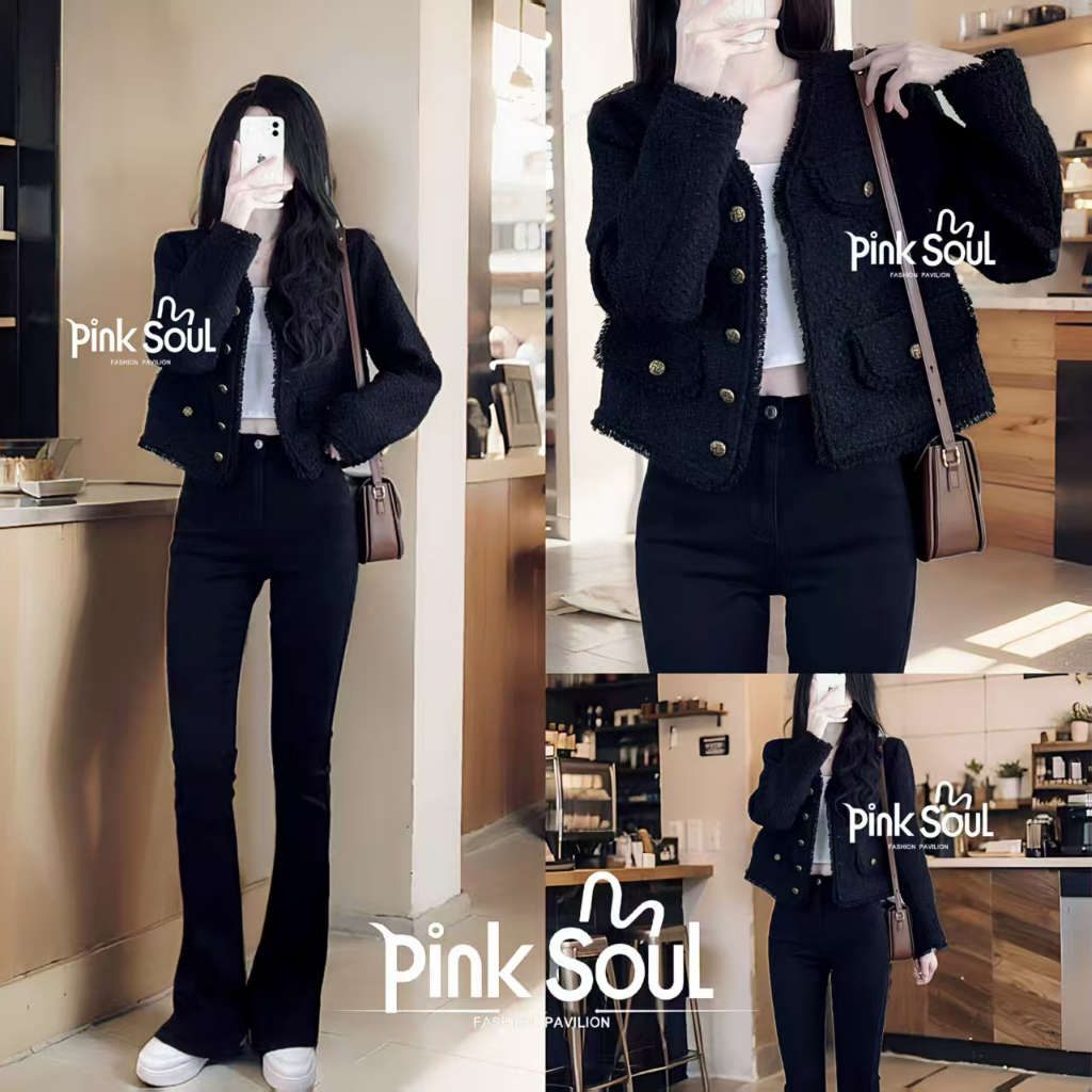 พร้อมส่ง เสื้อคลุม แขนยาว สไตล์คุณหนู เนื้อผ้าทวิต ดีเทลแต่งกระเป๋า งานสวยหรูหรา กระดุมผ่ากลาง สไตล์มินิมอล