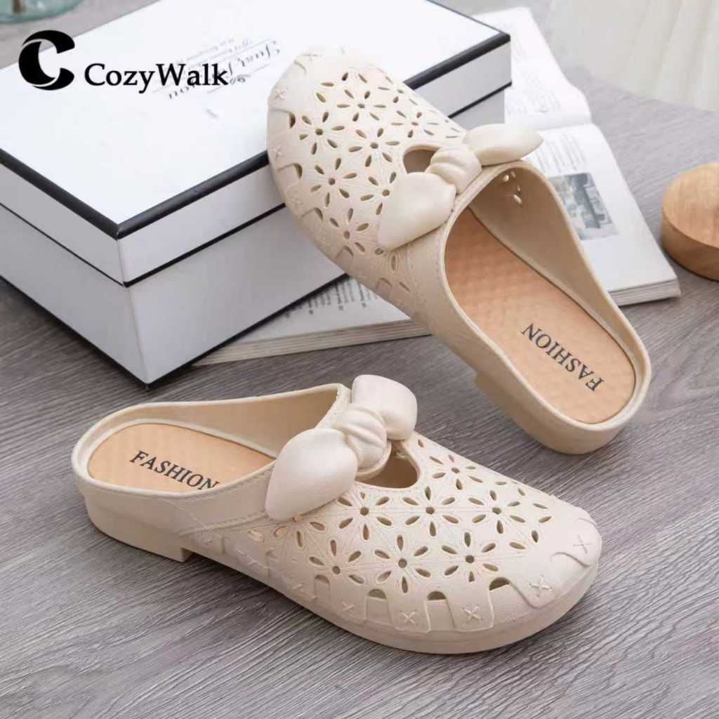 ✨CozyWalk รองเท้าแตะผู้หญิง PCU แบบสวม ลายเจาะสุดน่ารัก ตกแต่งโบว์ ใส่สบาย กันลื่น หลายสี✨