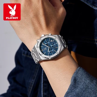 PLAYBOY ผู้ชาย นาฬิกา ควอตซ์ สายสเตนเลส อเนกประสงค์ วันที่ แสงกลางคืน สันทนาการ แฟชั่น 3526