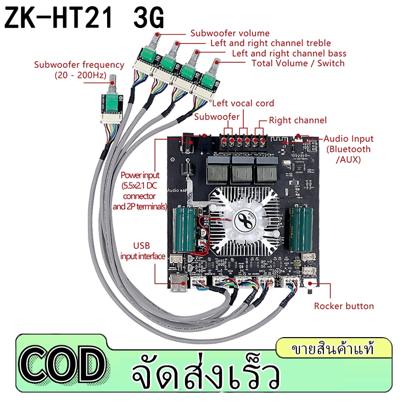 แอมป์จิ๋วบลูทูธ zk ht21 3G  เครื่องขยายเสียง กำลังขับ 160W*2+22OW ต่อขยาย ZK AMP มินิแอมป์เสียงดี