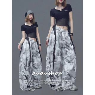 [Summer quick-drying fabric, dance camouflage pants]กางเกงขากว้างลายพรางลำลองสำหรับผู้หญิงสไตล์เกาหลี