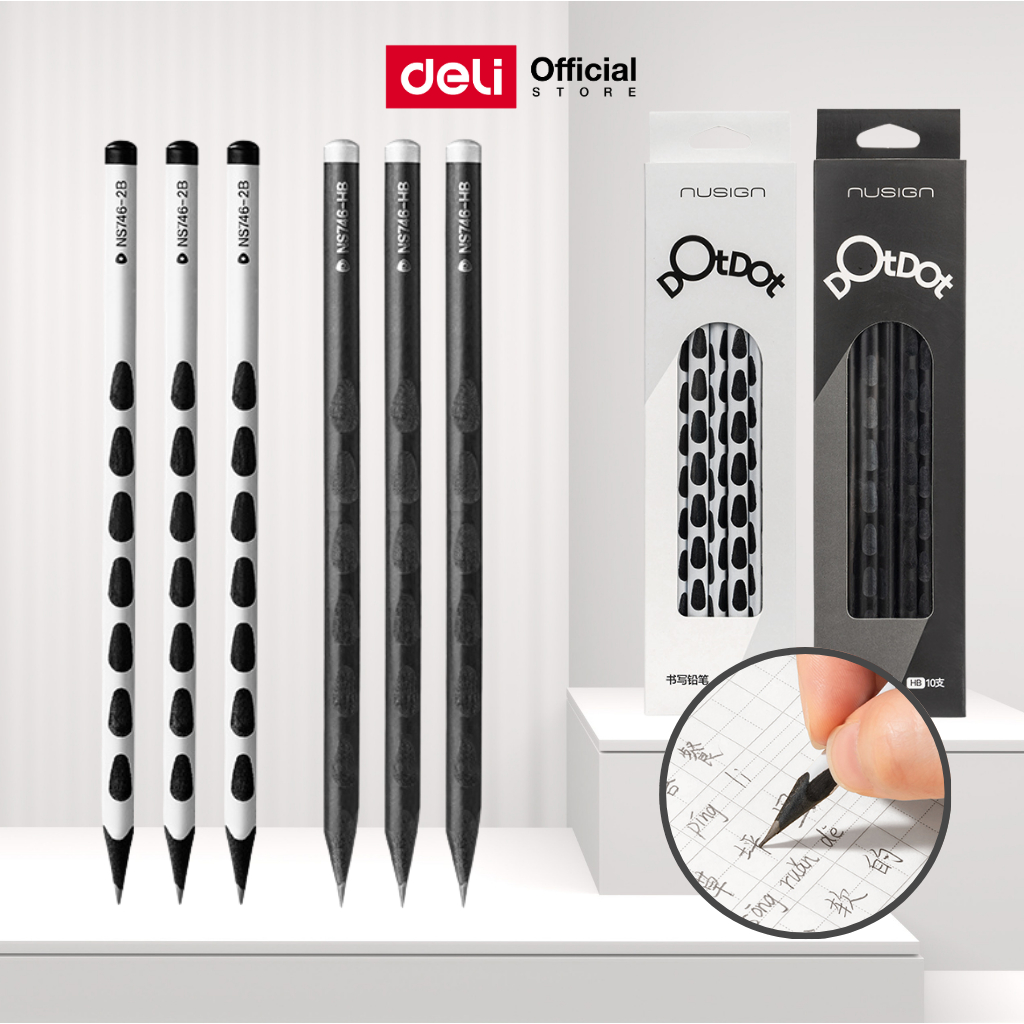 ดินสอไม้สีดำ Deli 2B/HB รุ่น NS746 เขียนเข้มชัด จับถนัดมือ (1 กล่อง 10 แท่ง) Pencil