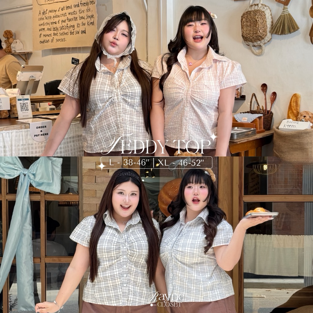 RAYNE.CLOSET | TEDDY TOP - เสื้อเชิ้ตแขนสั้นลายสก็อต แต่งจีบหน้า (Plus-size)
