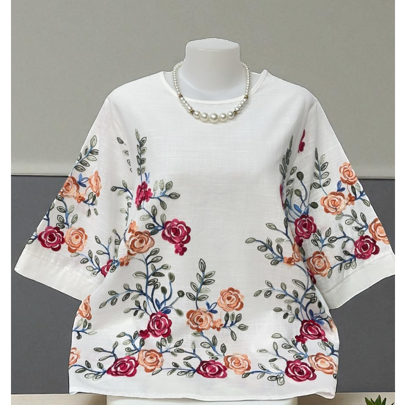 เสื้อปักลายผ้าลินินผสม รอบอก44-46-48นิ้วฟรีไซส์  หน้าผ้า48นิ้ว เสื้อปักลายลูกไม้ เสื้อสีขาวใส่งานบุญ