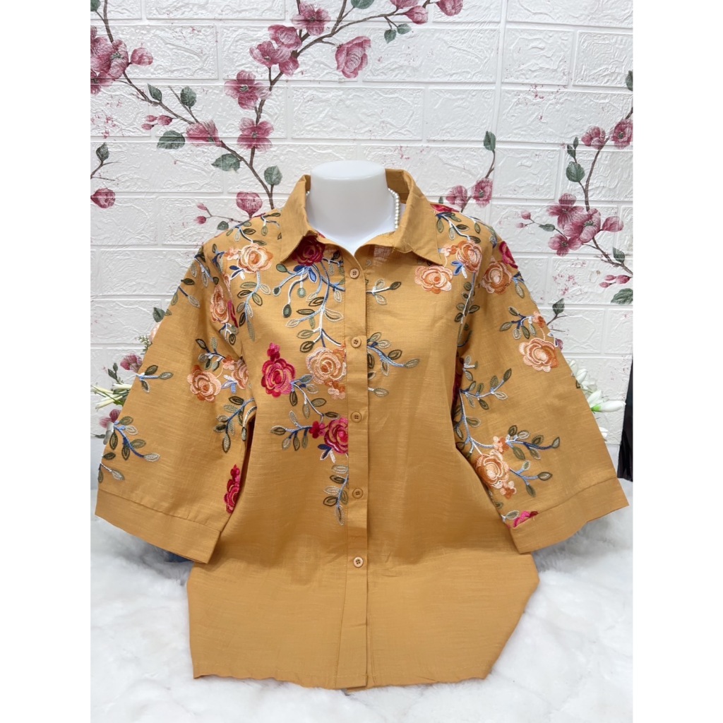 เสื้อผ้าปักลายผ้าลินินกระดุมคอปก รอบอก44-46-48นิ้ว ฟรีไซส์ หน้าผ้า48 ผ้าลินินผสม เสื้อใส่งานบุญ เสื้อใส่เข้าวัด