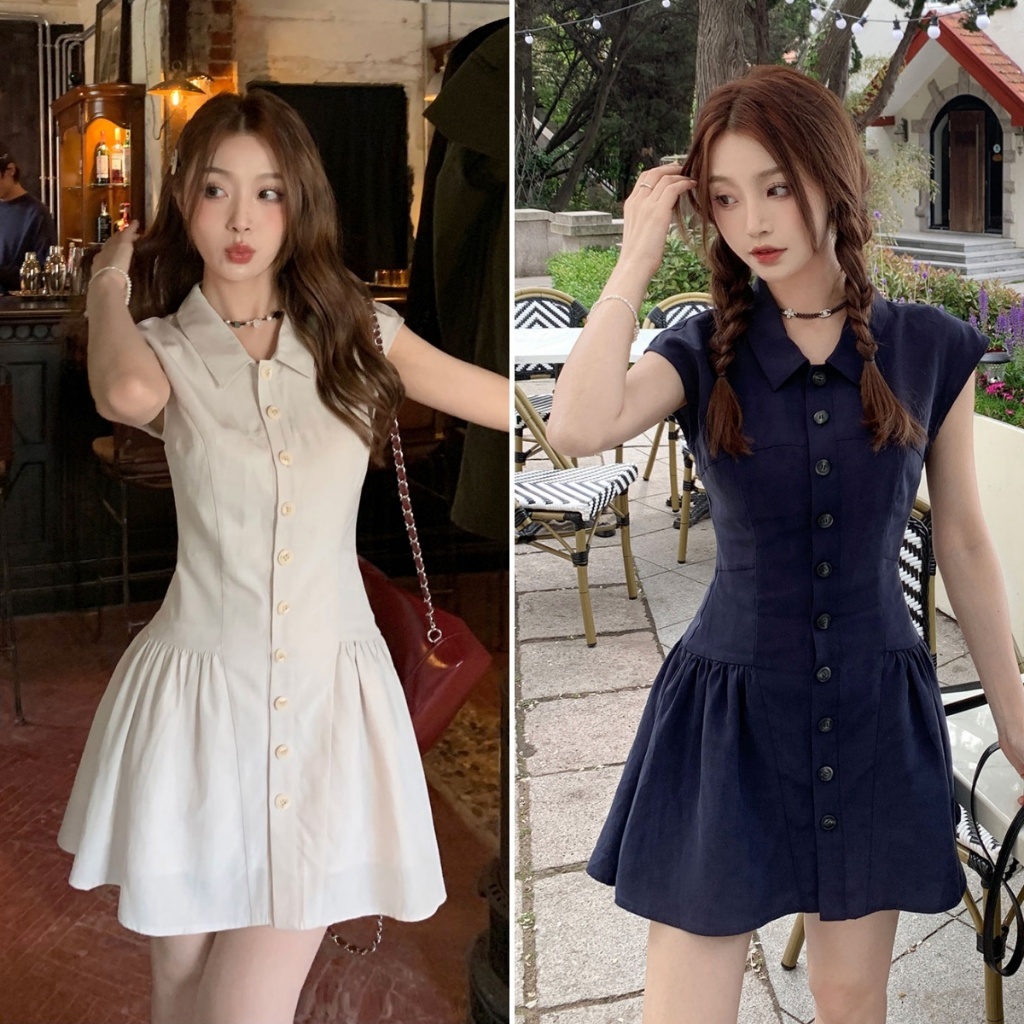 Hotgirl พร้อมส่ง ชุดเดรสน่ารักผู้หญิง มินิเดรสคอโปโล ผ้ายืดรูปทรงสวย ชุดกระโปรงแขนกุด มีปุ่ม สไตล์เกาหลี