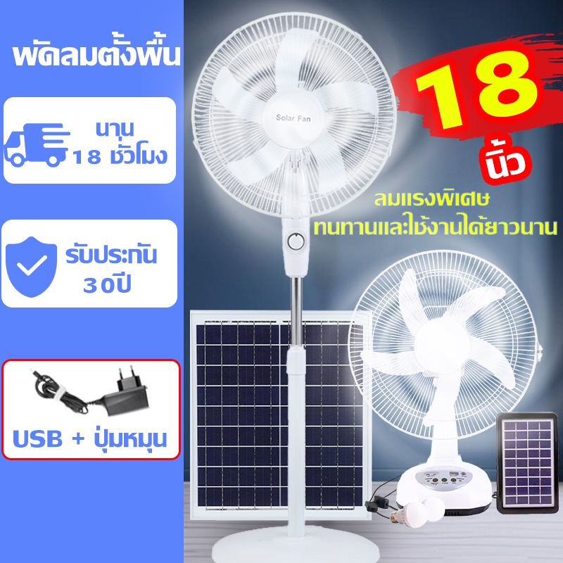 พัดลมโซล่าเซลล์ 12-16 นิ้ว พัดลมตั้งพื้น พัดลมพกพา แบตเตอรี่ในตัว พัดลมอุตสาหกรรม Solar fan 5 ใบพัด พัดลมตั้งโต๊ะ LED