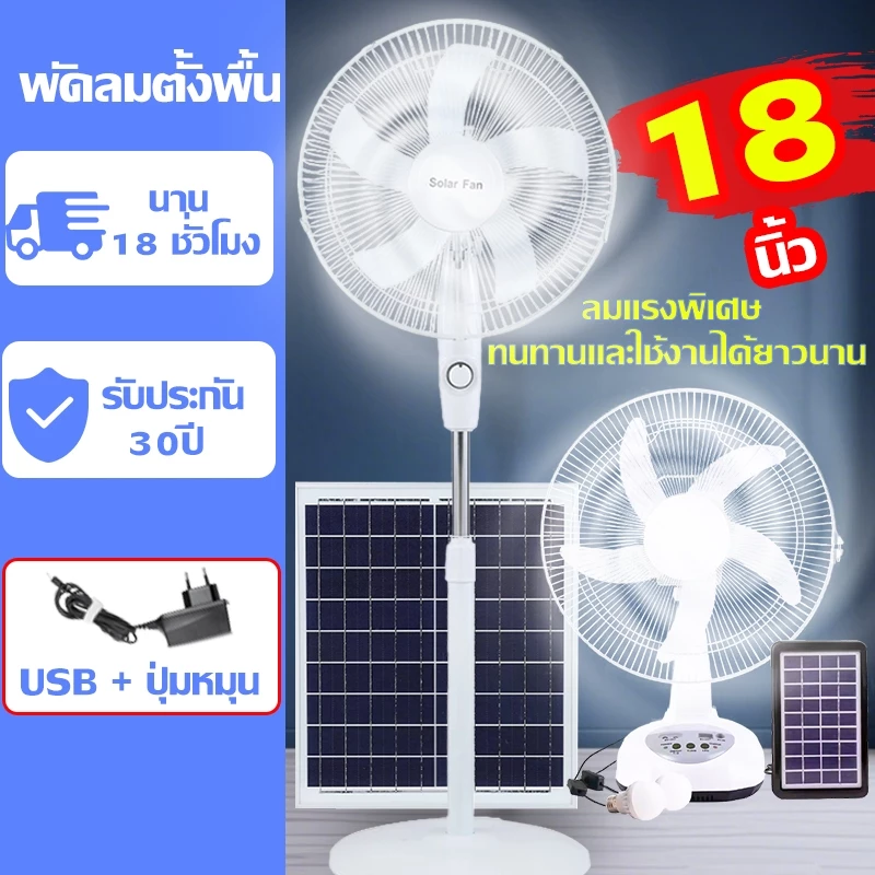 พัดลมโซล่าเซลล์ 12-16 นิ้ว พัดลมตั้งพื้น พัดลมพกพา แบตเตอรี่ในตัว พัดลมอุตสาหกรรม Solar fan 5 ใบพัด พัดลมตั้งโต๊ะ LED