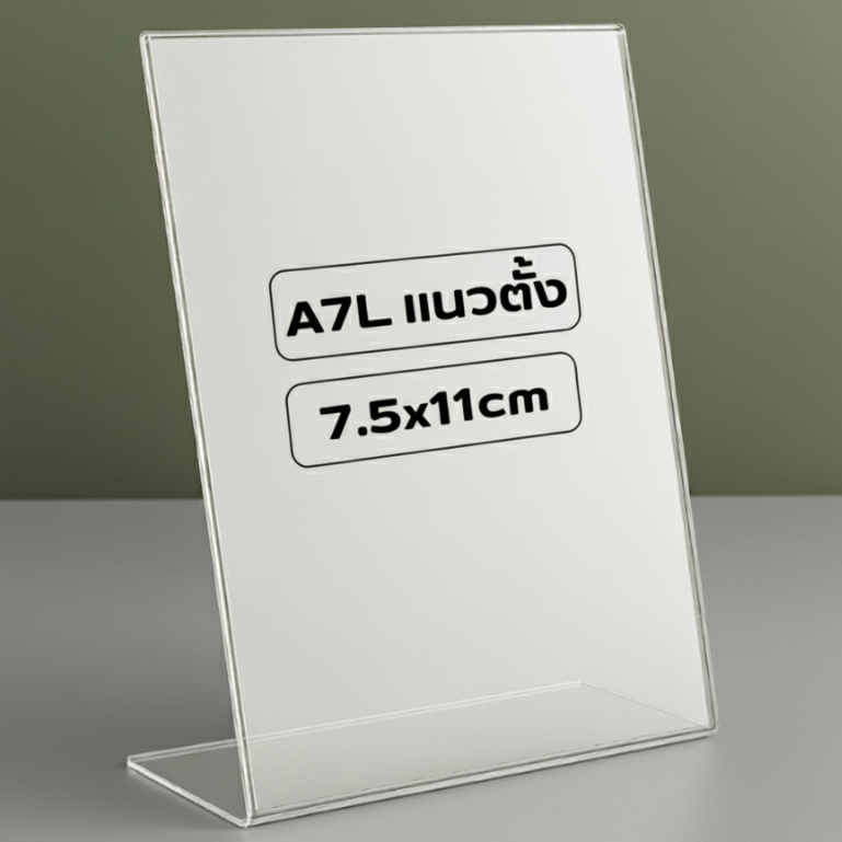 ป้ายอะคริลิคตั้งโต๊ะ A7 แนวตั้ง 4×7.5×11 cm อะคริลิคใส โชว์ 1 ด้าน ทรง L