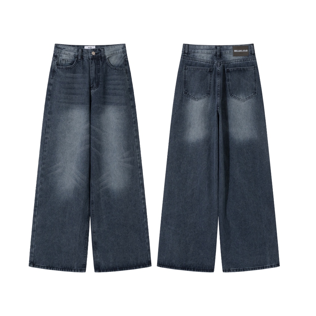 HELLDUL 9907 กางเกงยีนส์รุ่นใหม่ เอวสูง ทรงกระบอกใหญ่  แต่งลาย ผ้านิ้ม ไม่บาดผิว ใส่สบาย