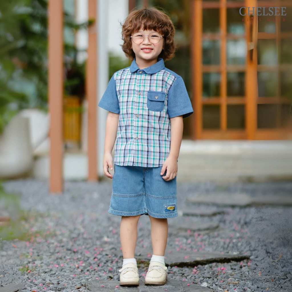 Chelsee เสื้อเชิ้ตยีนส์ แขนสั้น ลายสก๊อต ผ้ายีนส์ 100%Cotton เด็กผู้ชาย อายุ 1.5-10 ปี เสื้อผ้าเด็กโต รุ่น 128179 รูปที่ 9