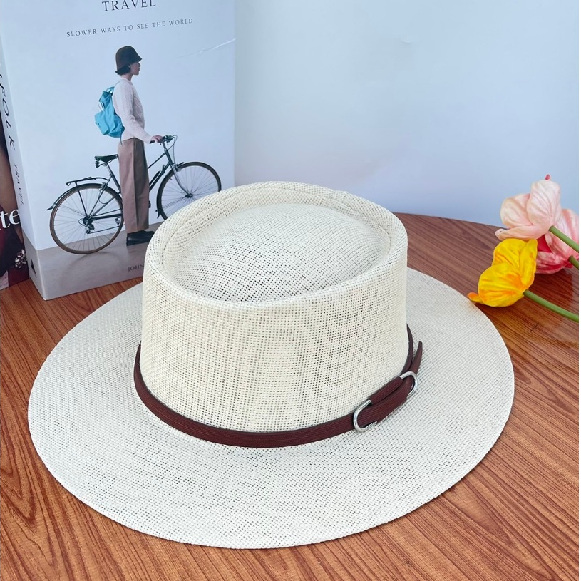 หมวกสานทรง Dumont Hat อัดแข็ง แต่งคาดเข็มขัด สินค้าพร้อมส่งจากไทย B082 - รูปที่ 4