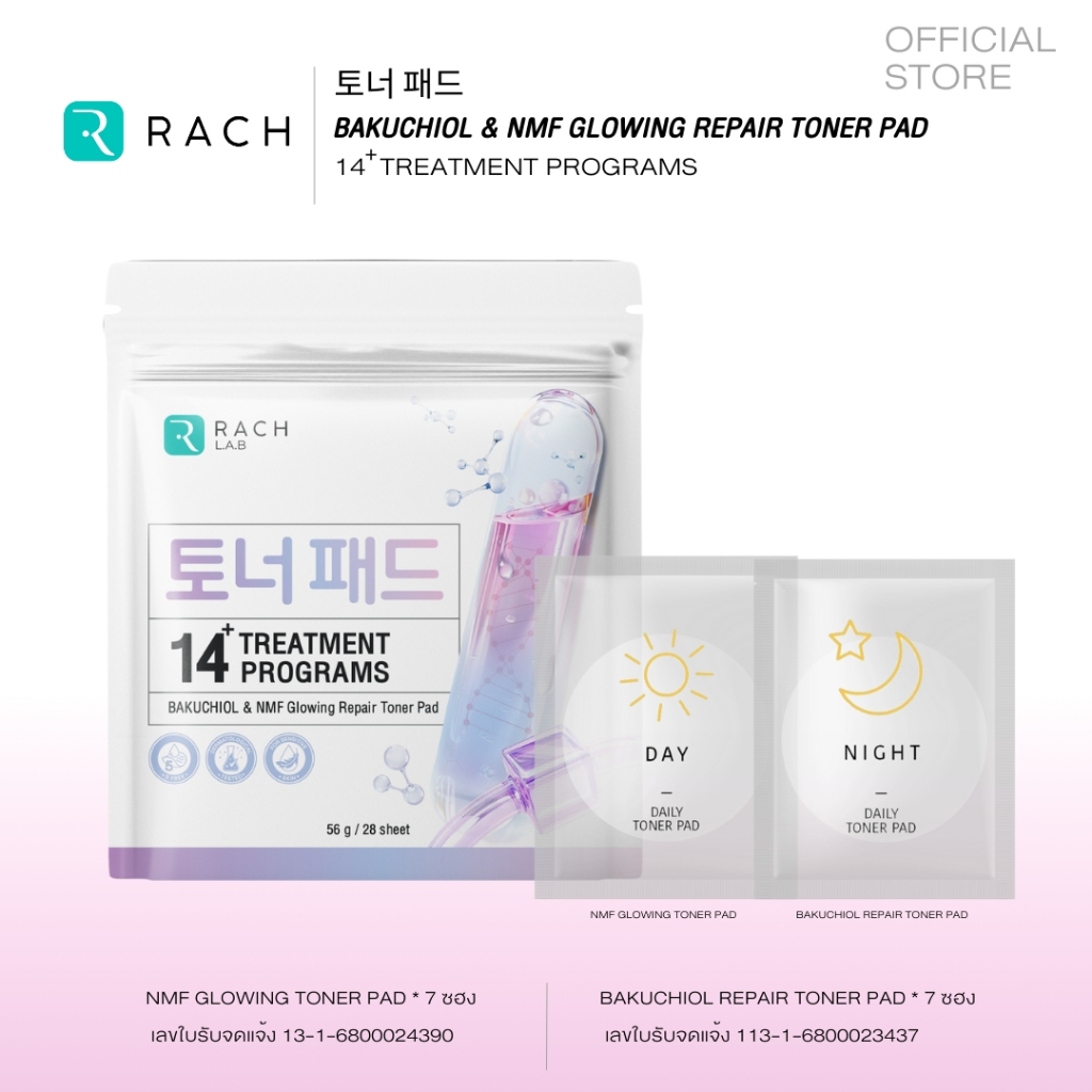 โทนเนอร์แพดล่องหน โทนเนอร์แพดทรีทเมนท์ 2 สูตร  bakuchiol & Nmf glowing repair toner pad