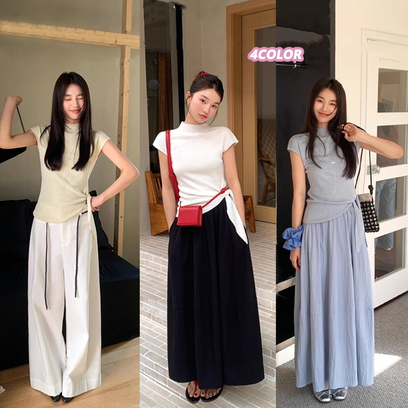 🌵Grace_chili🌵 เสื้อถักแขนสั้นผู้หญิง คอเต่าครึ่งตัว Irregular straps สีพื้น สายรัดด้านข้าง ยืดหยุ่นสูง P034