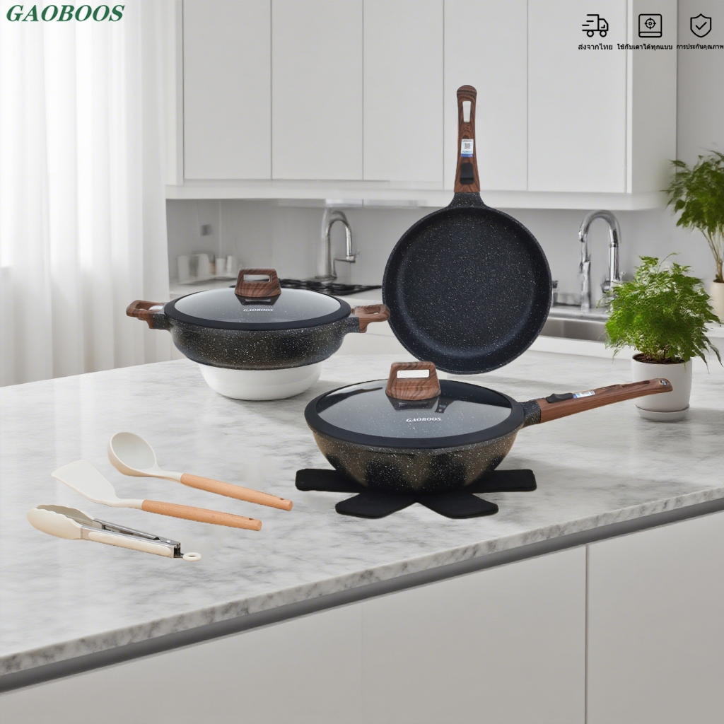 GAOBOOSหม้อกระทะ ถอดด้ามจับได้ ชุดหม้อ กระทะใช้ในครัวเรือน กระทะ non stick ครบชุด กระทะสำหรับทอด อัพเกรดสีดำ (9 ชิ้น)