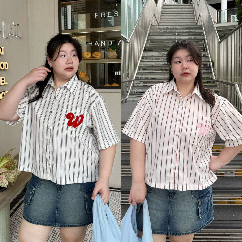 Fluffy W Shirt เสื้อเชิ้ตปักฟูลายทาง (คอตตอนพรีเมี่ยม) Wendystore19