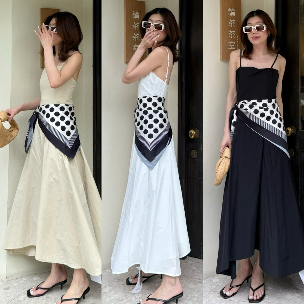 9961 🛋️ STUDIOX2 Polkadot Scarf x Maxi Dress ⚫️ (SMLXLXXL 690฿) แมกซี่เดรสสายเดียวปรับสั้นยาวได้ มีผ