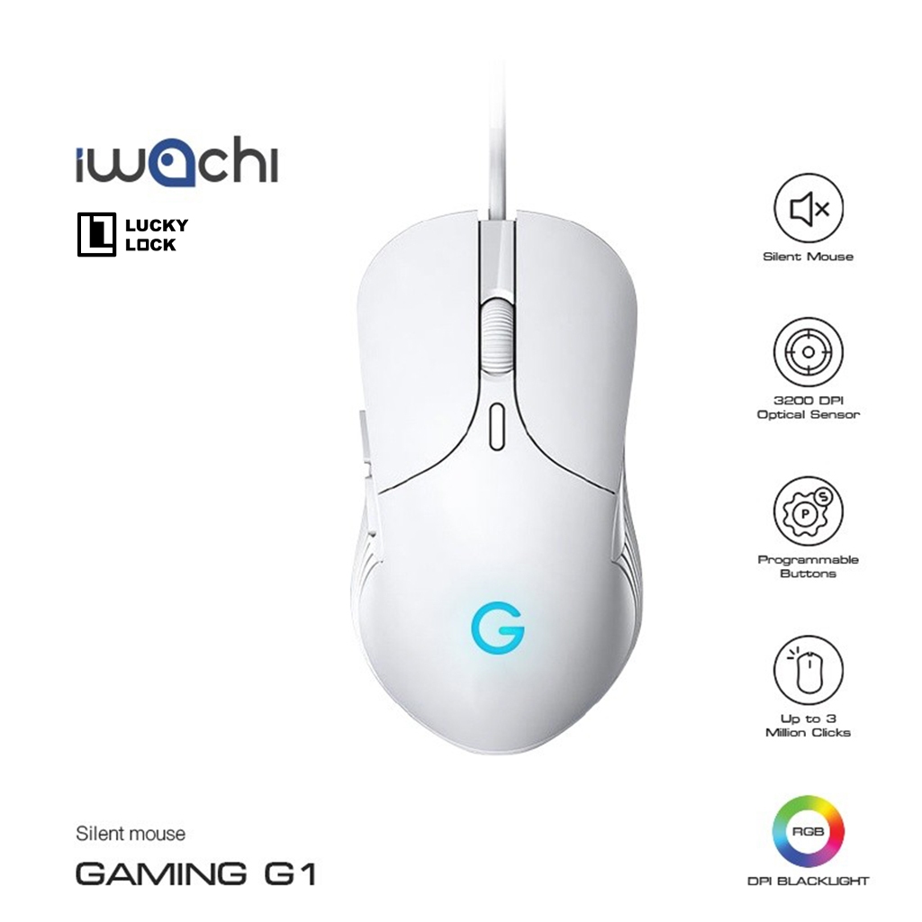 เมาส์ IWACHI G1 สำหรับเกมมิ่ง มีสายปุ่มกดไร้เสียง ระบบออปติคอล DPI 800/1600/2400/3200 (ตั้งค่าได้)