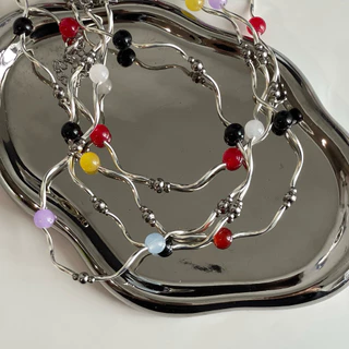 ส่งด่วน! silver minimal necklace สร้อยคอมินิมอล ลูกปัดเงินปล้องเกลียว ลูกปัดสแตนเลส+จี้หินแก้ว | ourweekend.stuff