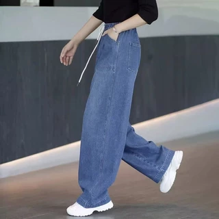 S-10XL กางเกงยีนส์หญิง ทรงกระบอกเอวสูง ใส่สบาย เอวยางยืด ปรับเอวด้วยเชือก