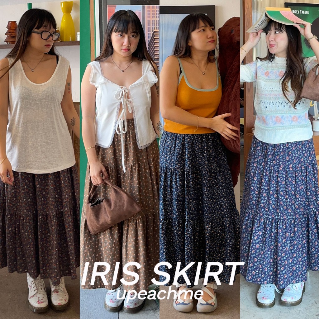 upeachme(D28) IRIS SKIRT (เอว24-38) กระโปรงยาวลายดอกไม้มีซับใน กระโปรงยาวผ้าสเวตเตอร์