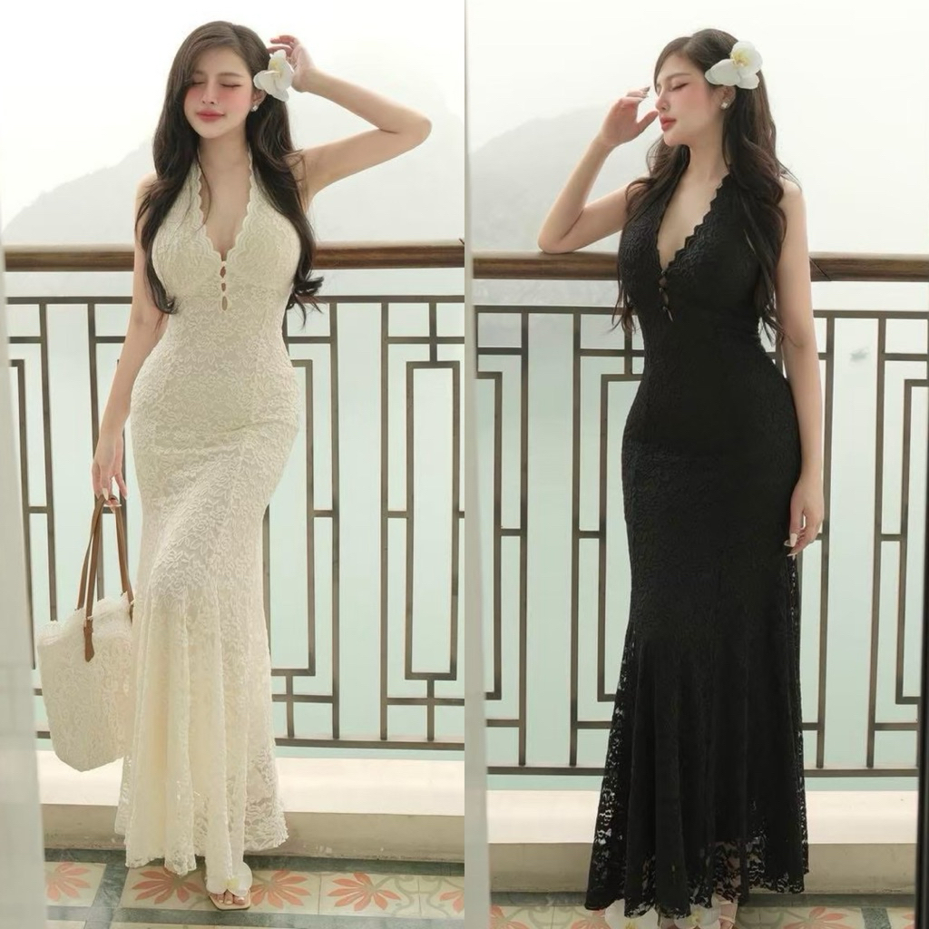 เดรสยาวผ้าลูกไม้กุหลาบ ดีเทลแต่งเชิงช่วงหน้าอก ผ่าอกแต่งกระดุมมุก โชว์แผ่นหลัง ทรงยาวสวยสะใจมากซิส