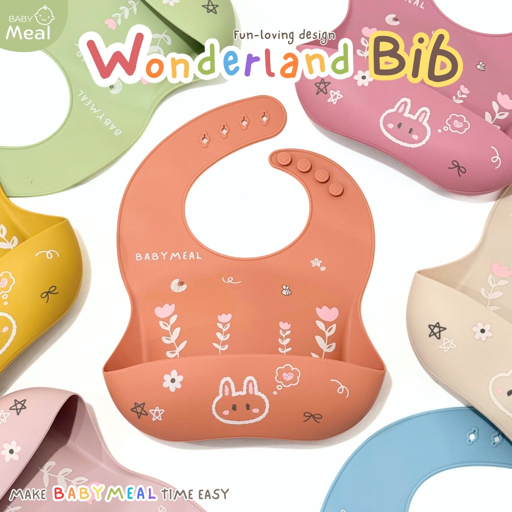 BabyMeal ที่กันเปื้อนซิลิโคน ลายการ์ตูน พร้อมช่องเก็บเศษอาหาร | Silicone Bib x Wonderland Themes (Only at BabyMeal)