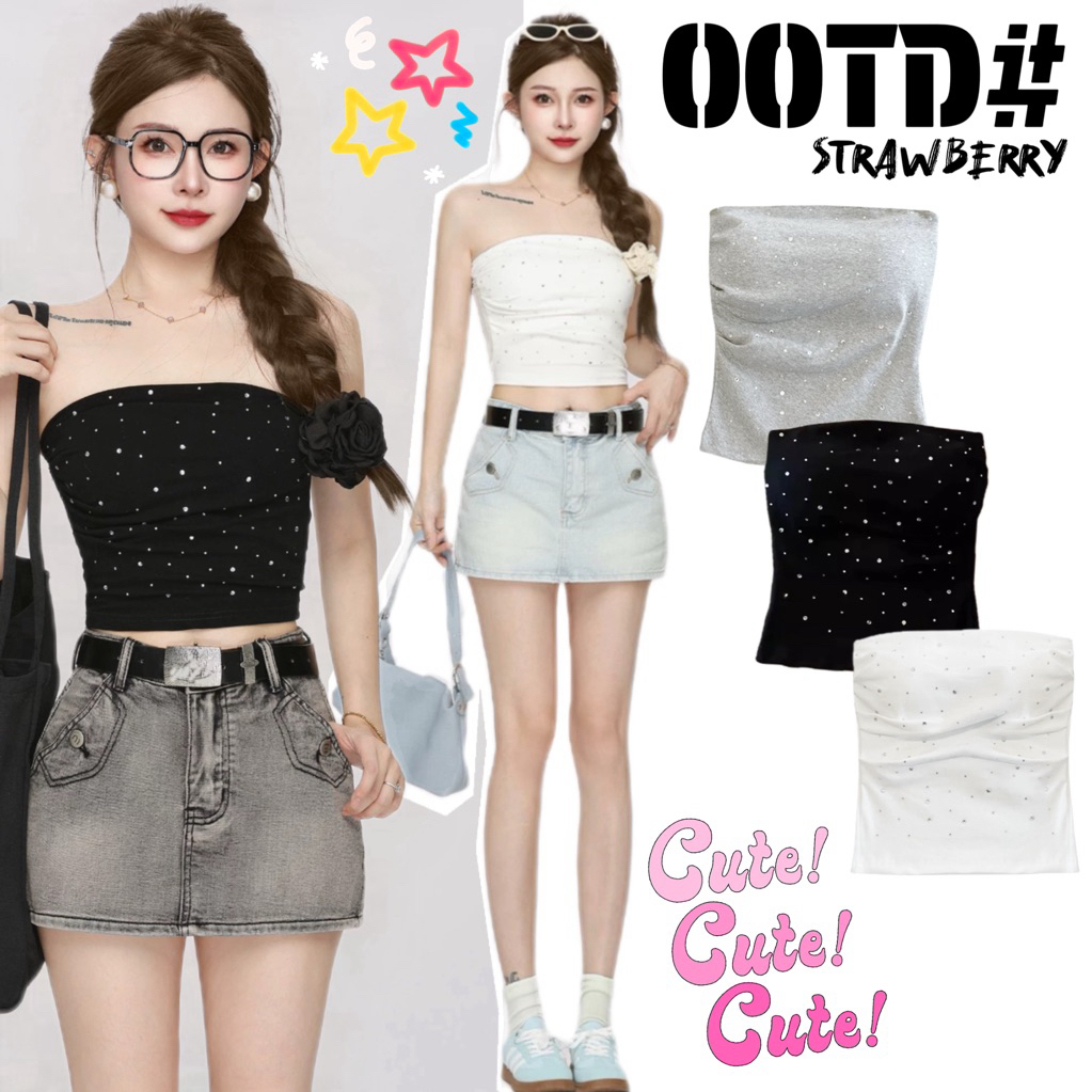 STR พร้อมส่ง💎✨เสื้อเกาะอกติดเพชร ดูแพง มีฟองน้ำ เสื้อครอปทรงรัดรูป แต่งตัวง่าย ดีไซน์เก๋ๆ สาวแซ่บ เซ็กซี่แฟชั่นผู้หญิง