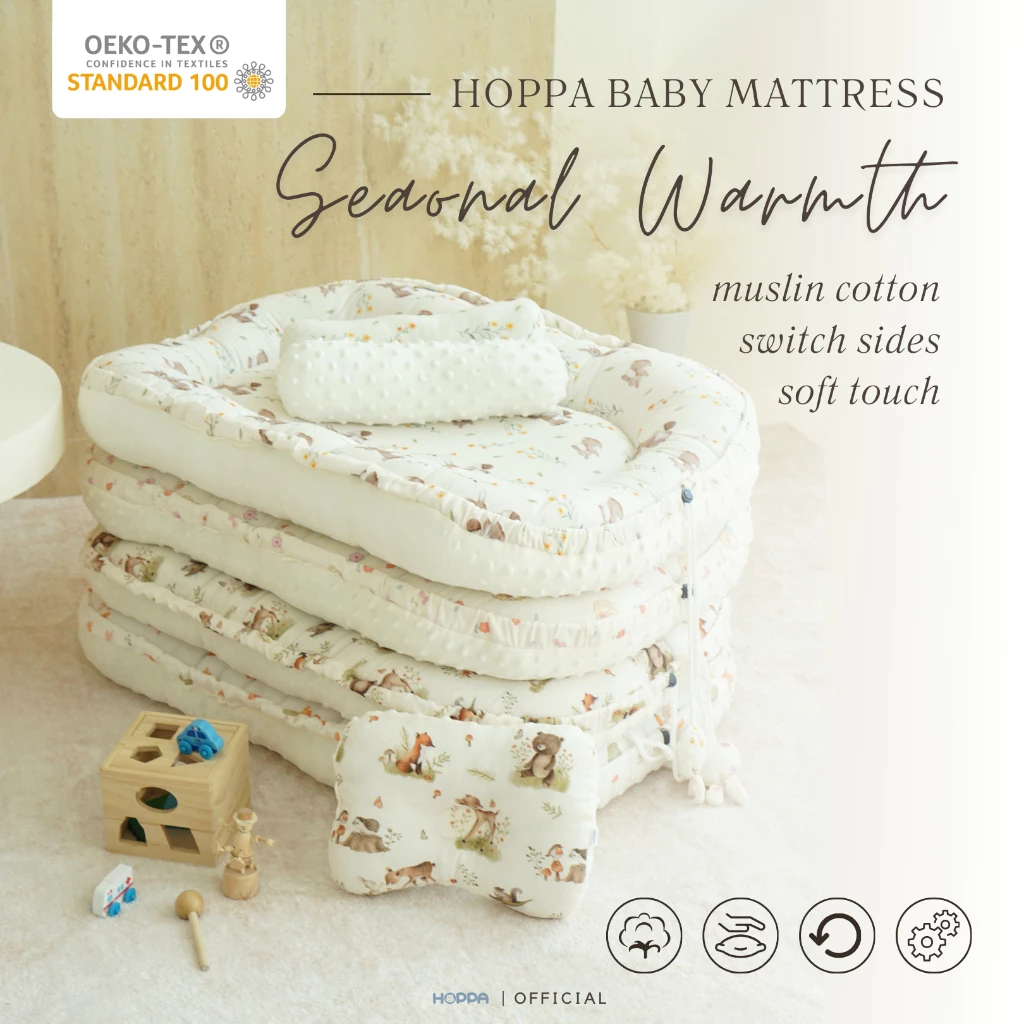 HOPPA Baby Mattress ที่นอนเด็ก รูดขอบ รุ่น Seaonal Warmth 2 เนื้อสัมผัสในชิ้นเดียว Muslin cotton + Dot Mink