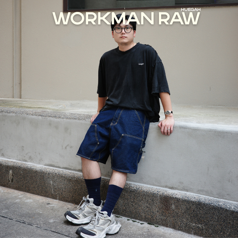 (S-13XL) HUEGAH WORKMAN RAW/MID SHORTS กางเกงยีนส์ไม่ฟอกขาสั้น