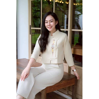 เสื้อผ้าฝ้ายคอจีนอัดกาวแขนสามส่วน