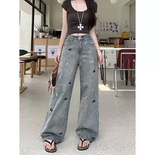 1743-NEWSIZE/S-10XLกางเกงยีนส์ขายาวกระบอกกลางเอวต่ำสีสนิมฟอกปักลายสุนัขทั้งตัวใส่ได้ทั้งผู้ชายละผู้หญิงพร้อมส่ง
